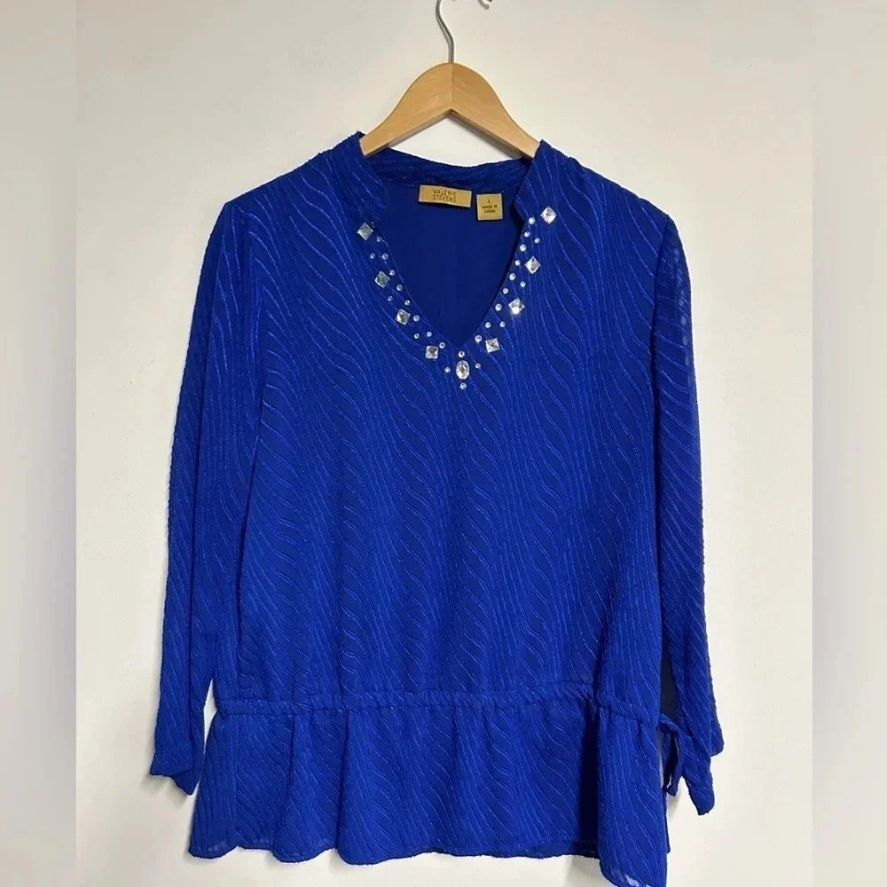 Vintage Valerie Stevens Blue‎ Blouse Drop Tie Waist Jeweled Lined Women’s Large